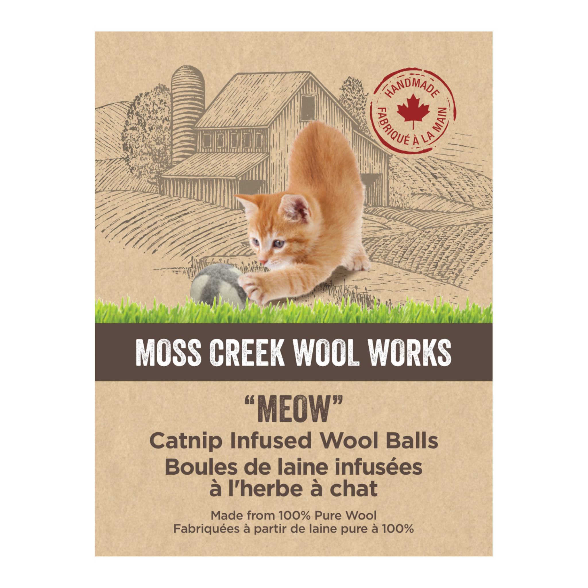 "Meow" Catnip Infused Wool Balls - Set of 2 in a cotton pouch